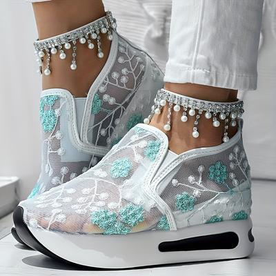 Platform Wedges Kadın Spor Ayakkabı Çiçek Nakışlı File Spor Ayakkabı Kadın Slip on Casual Rahat Topuklu Ayakkabı Kadın Tenis