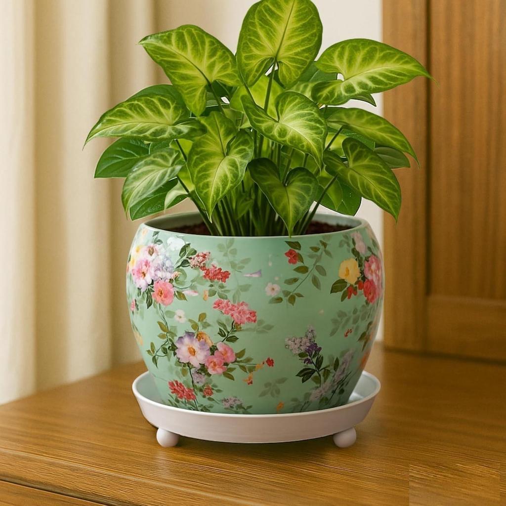 5 Inches, Lily Green Metal Plant Pot with Saucer Plate | Indoor Outdoor Home Decor Item for Garden Plants Flower, Balcony, Patio, Living Room,