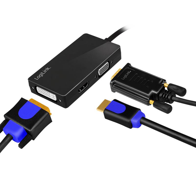 LogiLink DisplayPort DP/M To HDMI+DVI+VGA Adapter, 4K/30 Hz, Black, 0.1 M