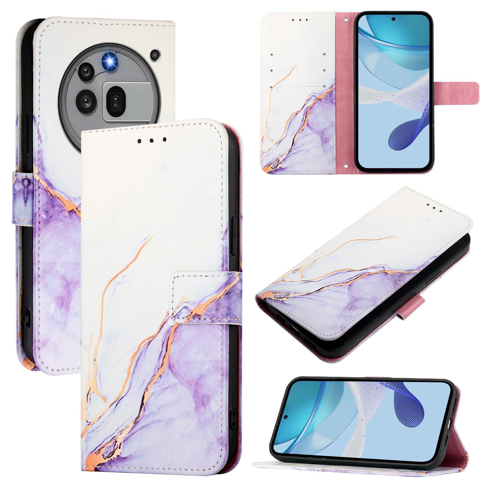 

For Nothing Phone (3a) Pro Case with Strap Marble Pattern Leather Phone Cover Card Holder White/Purple LS006