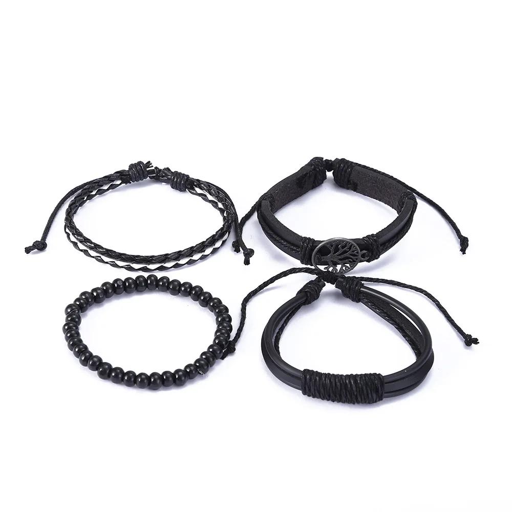 3-4Pcs Vintage Leather Bracelet Set For Men Tree of Life Charm Black Woven Rope Beads Chain Wrap Bangle Women Handmade Jewelry