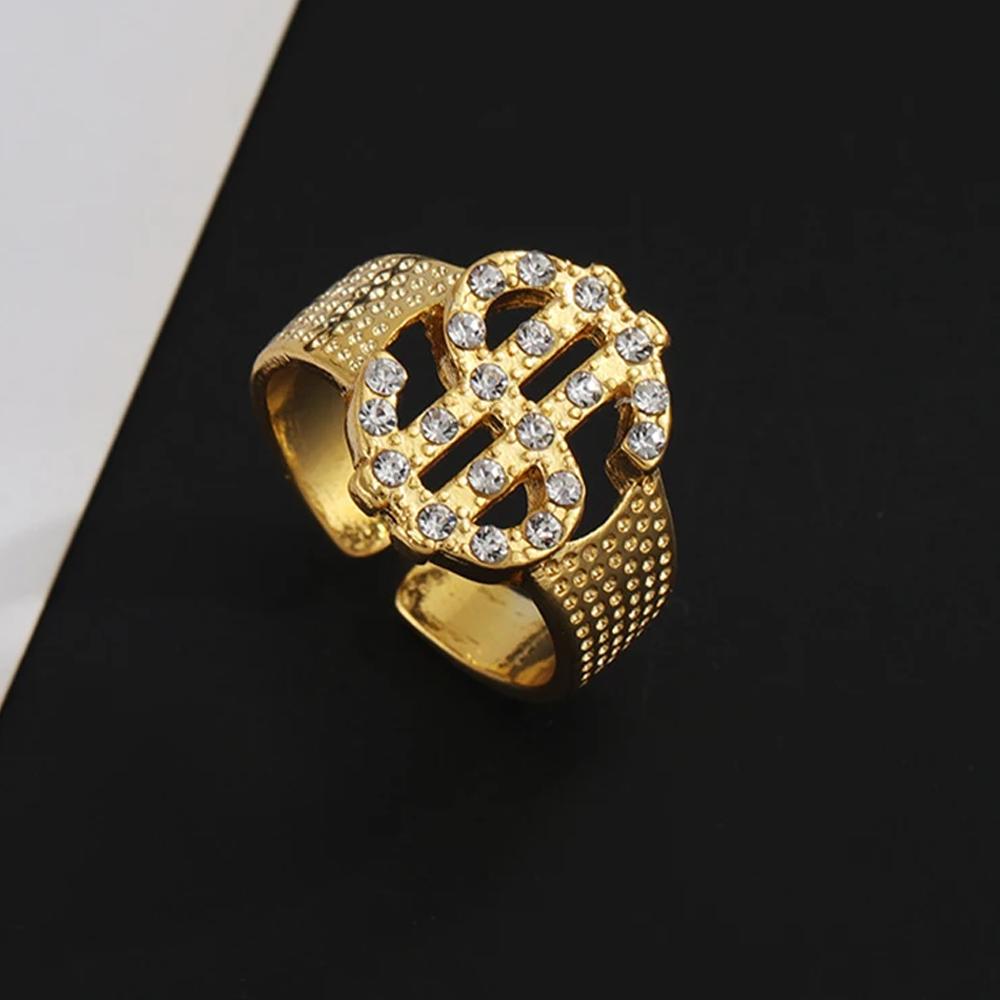 Charm Gold Dollar Sign Ring for Women Men Inlaid Rhinestone Trendy Valentine's Day Couple Jewelry Gifts Resizable