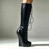 Botas femininas de balé com cadarço, salto cunha de 18cm com salto estranho, plataforma de 3cm, couro envernizado, sexy, zíper, botas altas no joelho