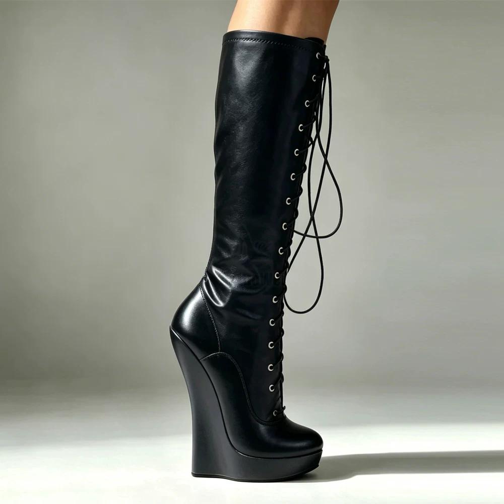 Botas femininas de balé com cadarço, salto cunha de 18cm com salto estranho, plataforma de 3cm, couro envernizado, sexy, zíper, botas altas no joelho