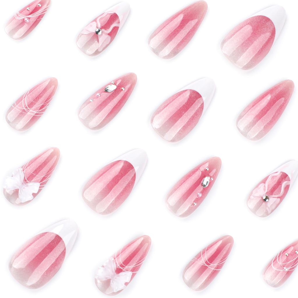 Cat's eye gradual change blush wear nail art French bow almond type wear fake nail piece