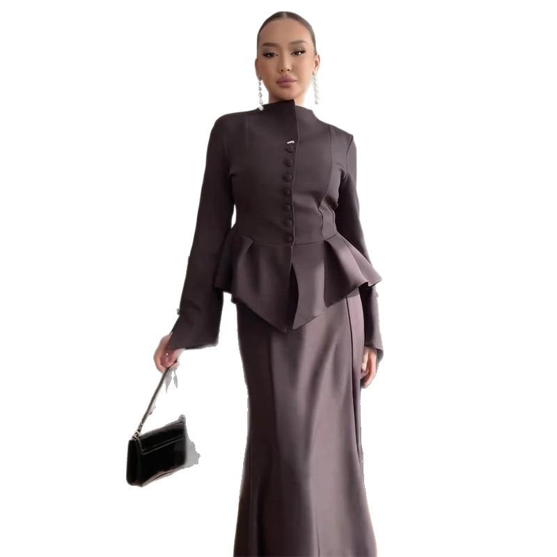 Women's Solid Color Bodycon Long Skirt Set with Long Sleeve Mock Neck Top