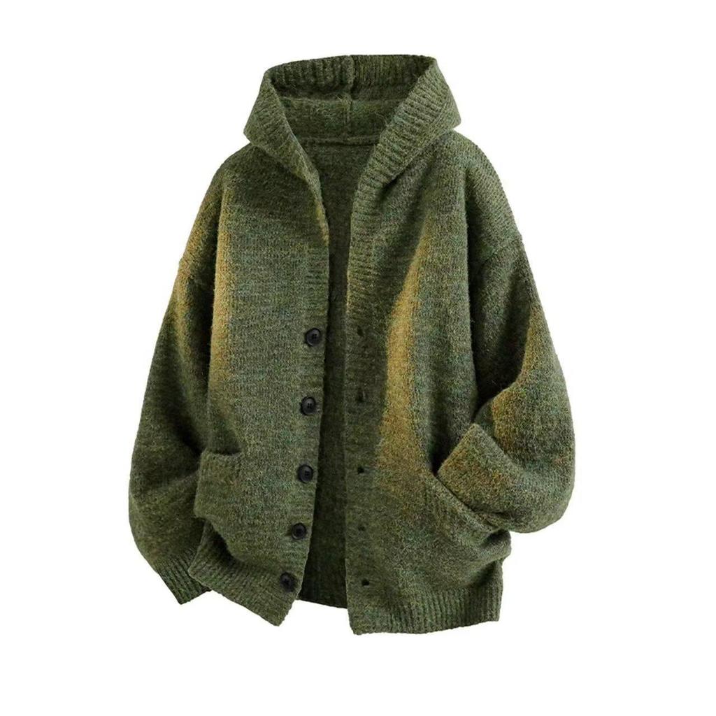 2025 Men's & Women's Dark Gray Hooded Knit Cardigan - American Style Casual Sweater for Autumn & Winter.