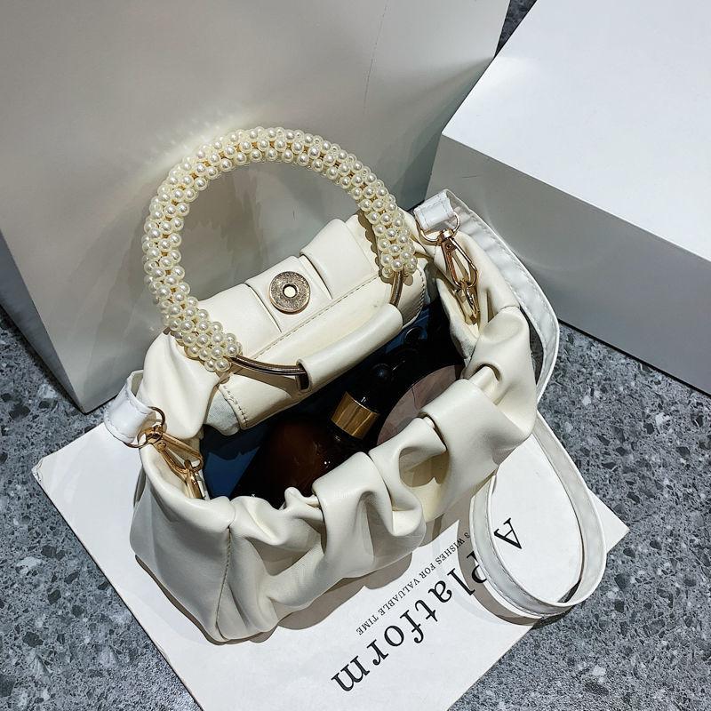 Umhängetaschen für Damen Schlichte Mode Perlen-Henkeltaschen Plissierte Vielseitige Bucket Bag Lässige Handtasche Damen Schultertasche