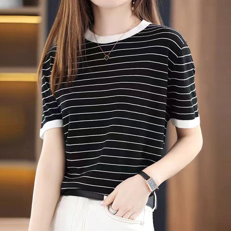 

ZANZEA Женские летние футболки с круглым вырезом и коротким рукавом в полоску XL чёрный