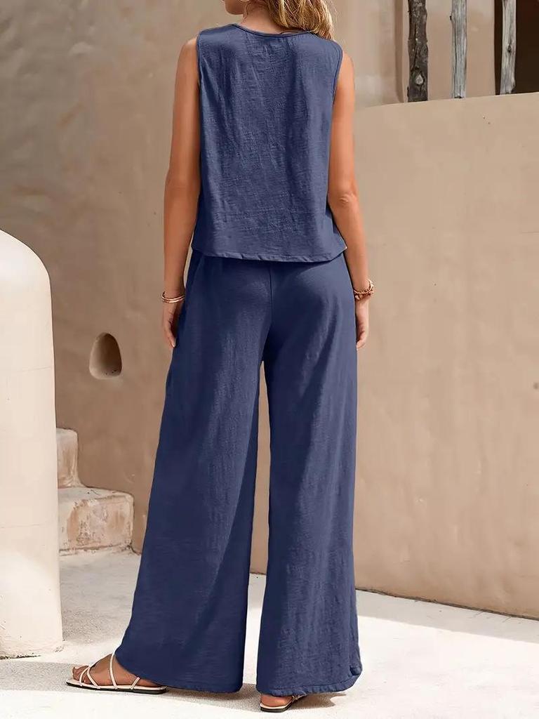 2025 Elegant Solid Color Two-Piece Set: Crew Neck Tank Top & Wide-Leg Pants for Women