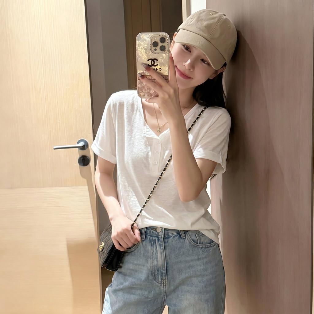 White Half-open Neck Button-down Short-sleeved T-shirt Women's Summer Korean Version Loose and Lazy Style Loose Half-sleeved Versatile Top