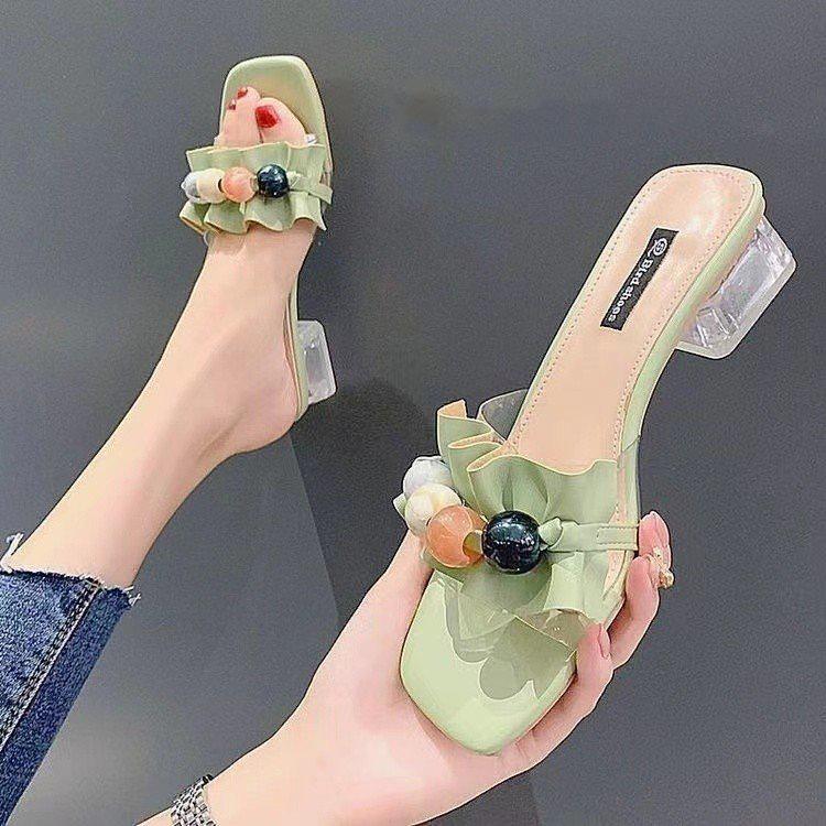 Women's Summer French Transparent Pleated Beads Beach Slippers Cool Drag