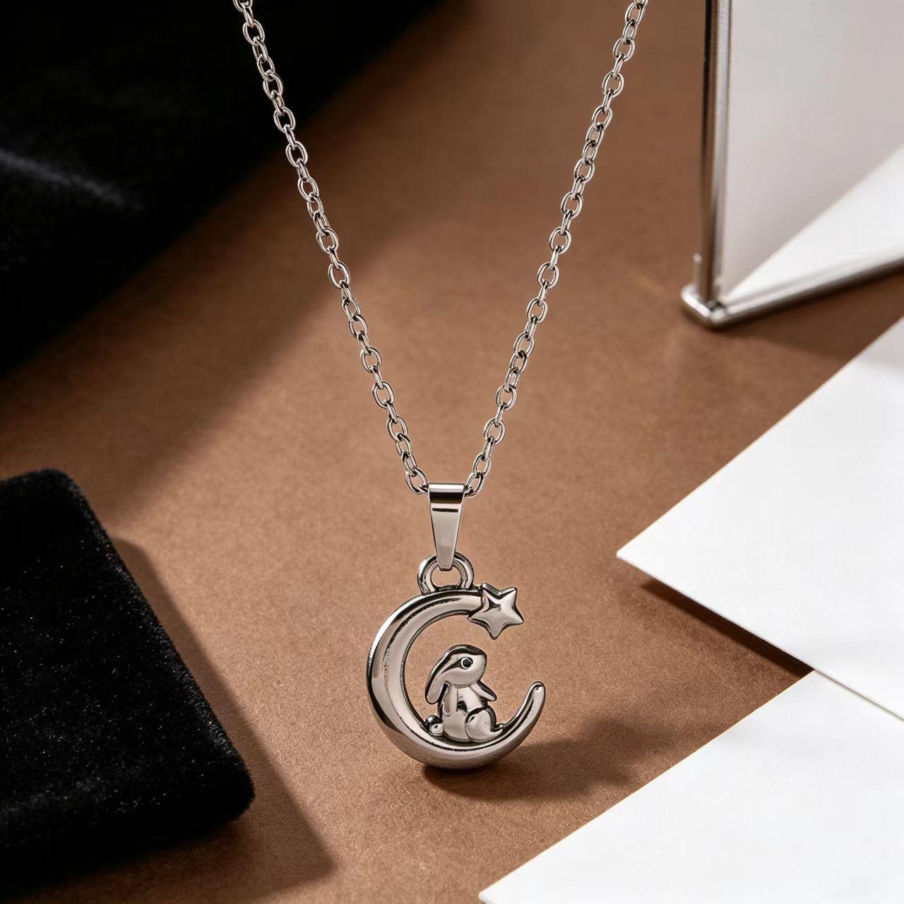 Star Moon Penguin Pendant Necklace in Gold, Silver, Titanium Steel - Cute Cartoon Clavicle Chain 18K