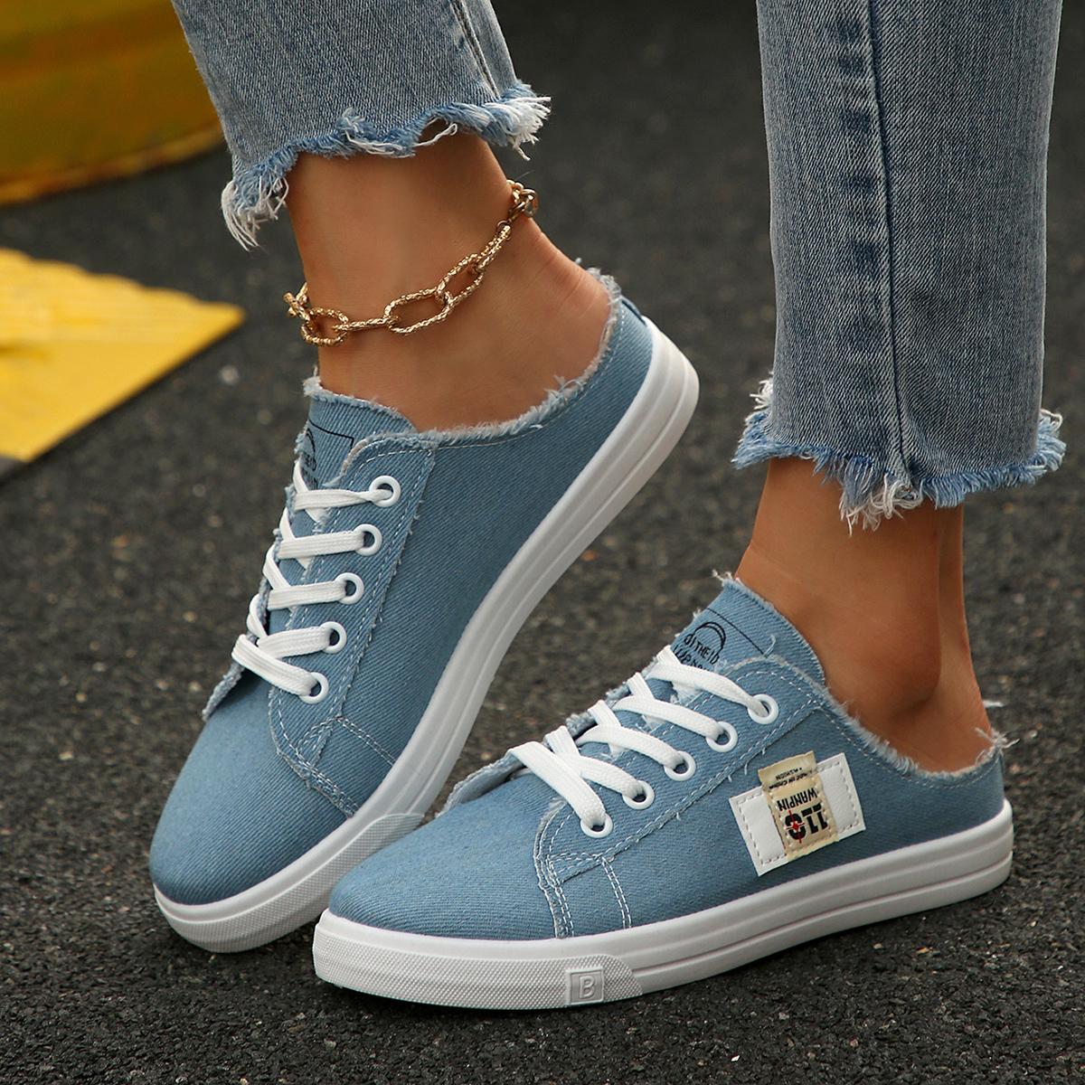

Fashion Spring Summer Women Canvas Sneaker Low Top Denim Sneakers Ladies Lace-Up Flat Canvas Comfortable Flat Shoes for Female 35 синій