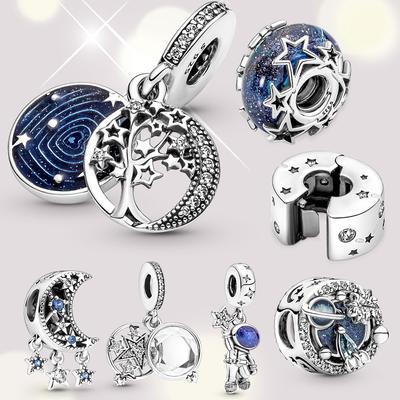 Ciondolo blu di Murano, nuove stelle plataniche e albero della galassia, luna, ciondolo pendente adatto per braccialetto originale in argento da donna originale fai da te
