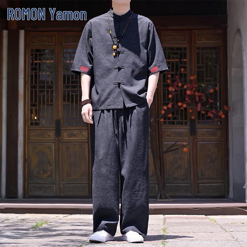 ROMON Men s New Chinese Style Ice Silk Two-Piece Set 3XL
