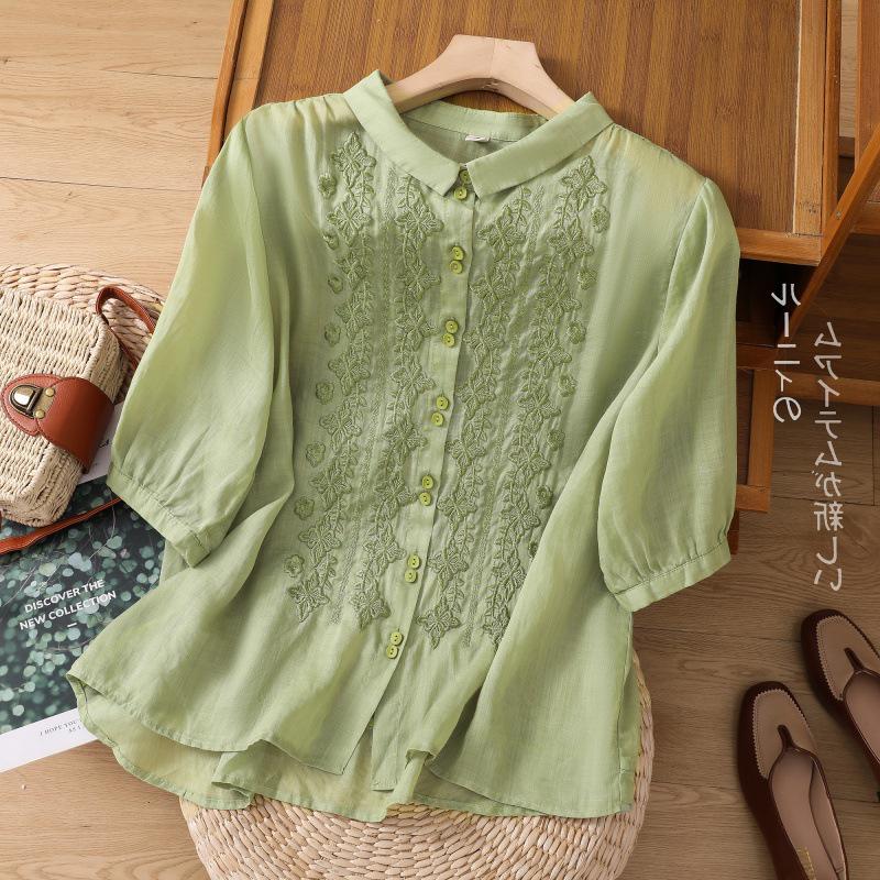 2025 Summer Women's Seven-Sleeve Cotton Linen Shirt with Floral Embroidery and Retro Turn-Down Collar