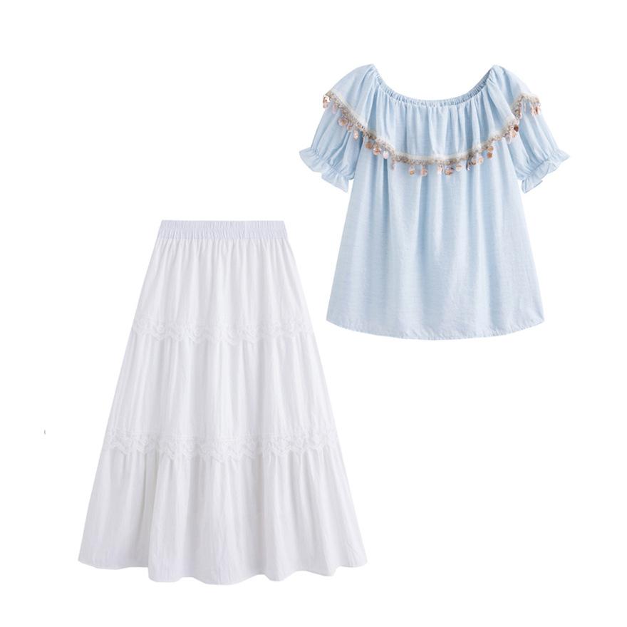 Design off-the-shoulder suit women's summer new great-looking fashion high-waisted skirt two-piece set