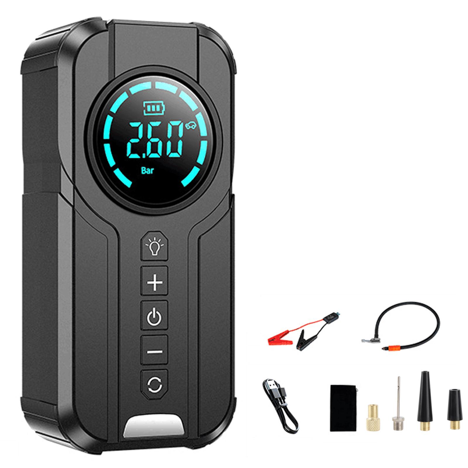 

Пусковое устройство с воздушным компрессором, 1000A Портативный бустер аккумулятора с накачкой шин 150 PSI 6000 мАч Пусковое устройство для автомобиля чёрный