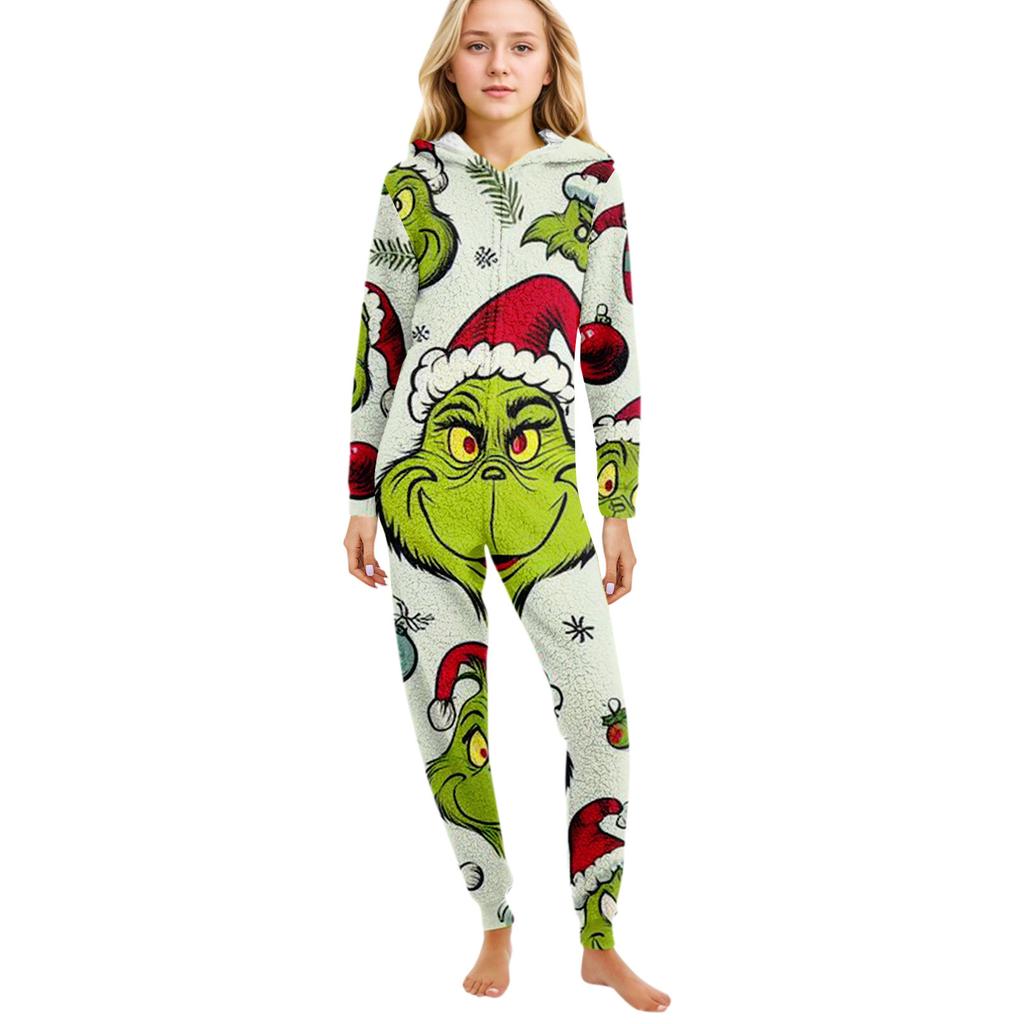 Christmas Print Family Matching Hooded Long Sleeved Zippered Jumpsuit Set