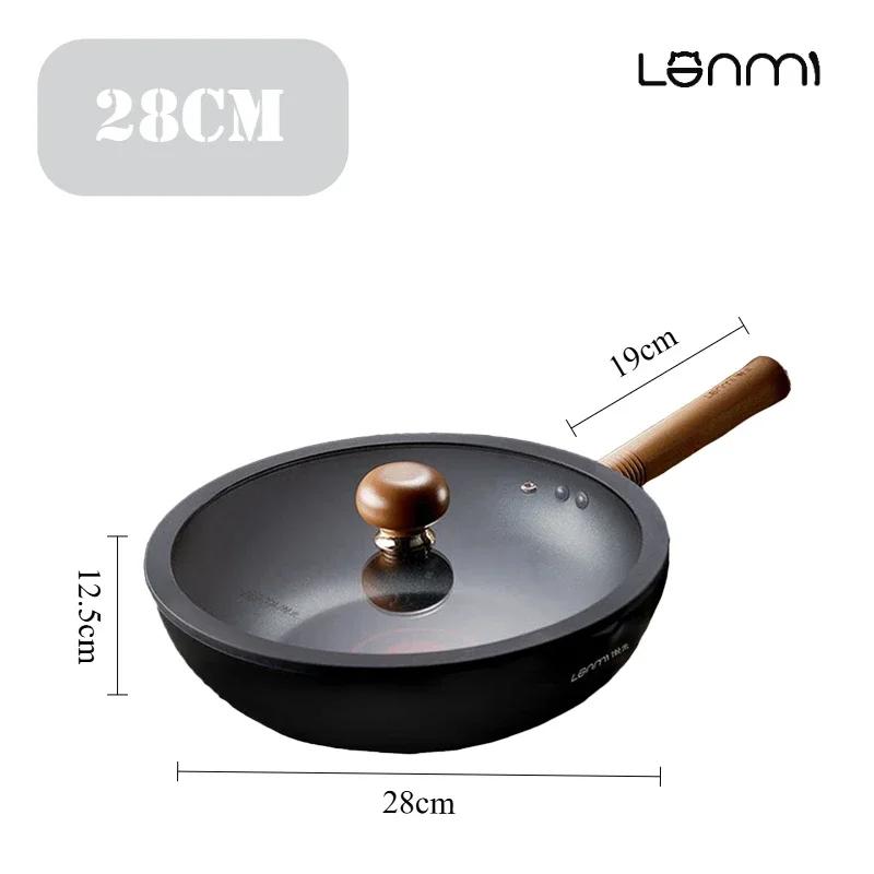 LANMI 28/30cm Non-stick Woks Low-smoke Black Skillet Titanium Crystal Coated Frying Pan Home Oil Control Healthy Light Meal Pots
