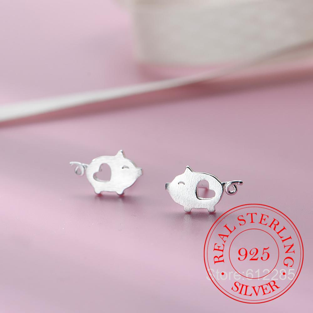 925 Silver Jewelry Cute Cartoon Hollow Heart Pig Stud Earrings for Women Girls Party Jewelry For Girls Friend Gift