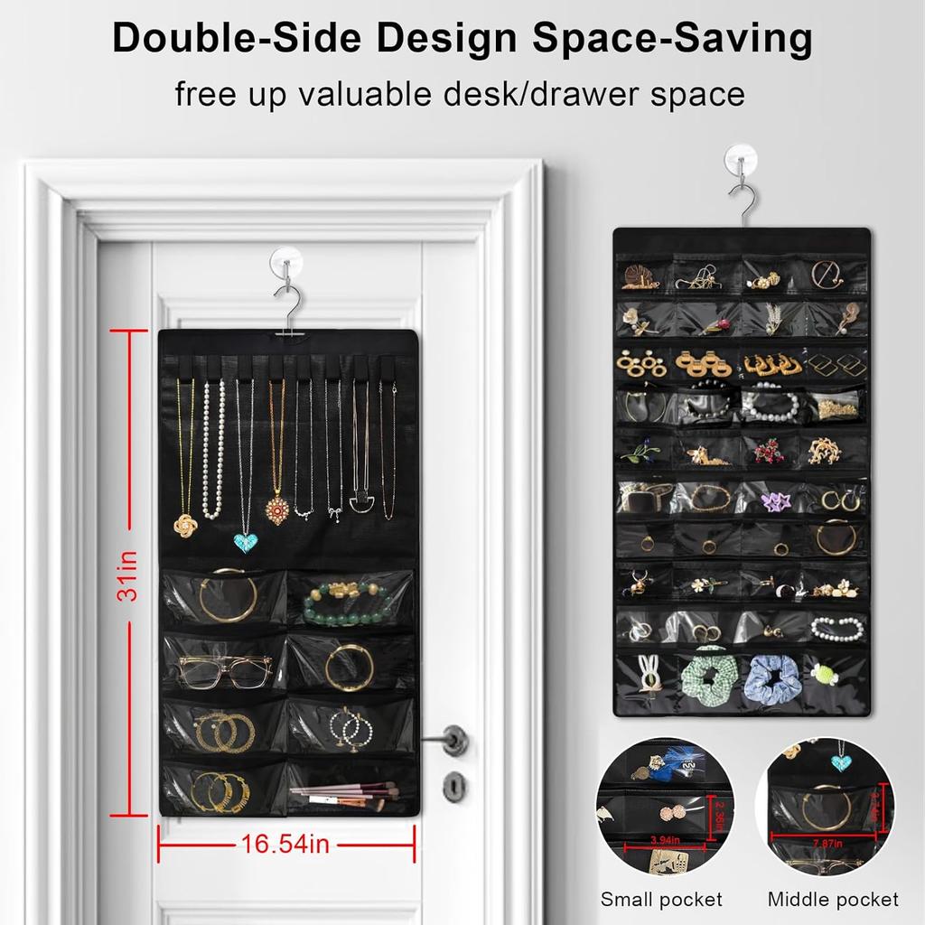 Hanging Jewelry Organizer for Closet, Double-Sided 48 Pockets & 8 Necklaces Holder Jewelry Hanging Organizer to Store Earrings, Necklaces, Bracelets,