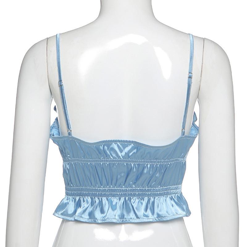 Summer Women Sexy Sling Straps Camisoles Ruched Ruffle Satin Streetwear Strapless Vest Crop tops Solid Slim Backless Club Camis