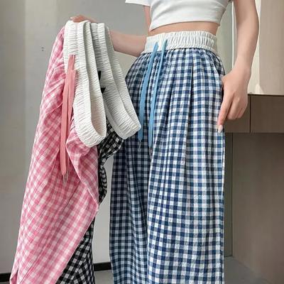 Damen Sommer Dünnes Design Lazy Pants Locker Lässig Gerade nach unten Bodenhose Rosa Karomuster Weitbeinige Hose
