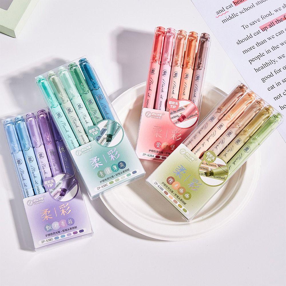 5pcs Pastel Colors Fluorescent Pen Dual Tip Colored Mark Pen Smudge-Proof Drawing Pen  Student Use