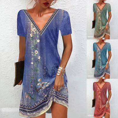 Moda feminina verão primavera estampa manga curta decote em v cintura alta vestidos casuais