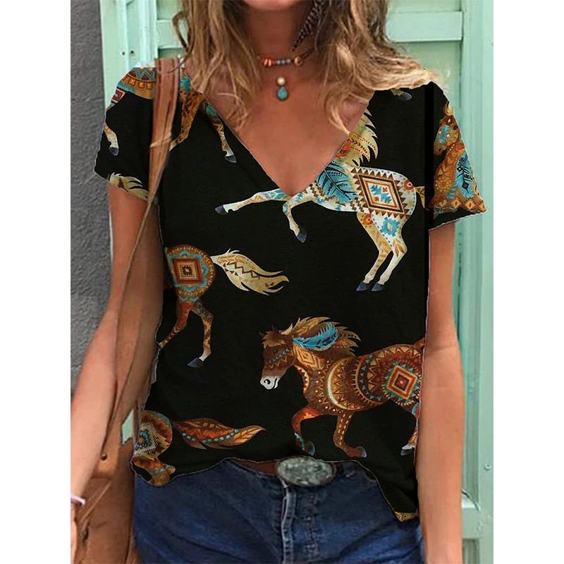 Western Ethnic Style 3D Print T-Shirts Women Fashion V-Neck Short Sleeve T Shirt Y2k Tops Tees Oversized Harajuku Woman Clothing