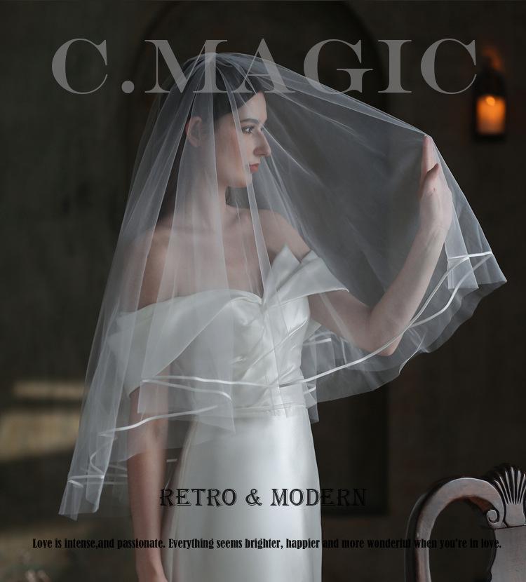 V853 European & American Satin Edge Double Layer Bridal Veil: Super Fairy White, Puffy Wedding, Travel Photoshoot Headwear