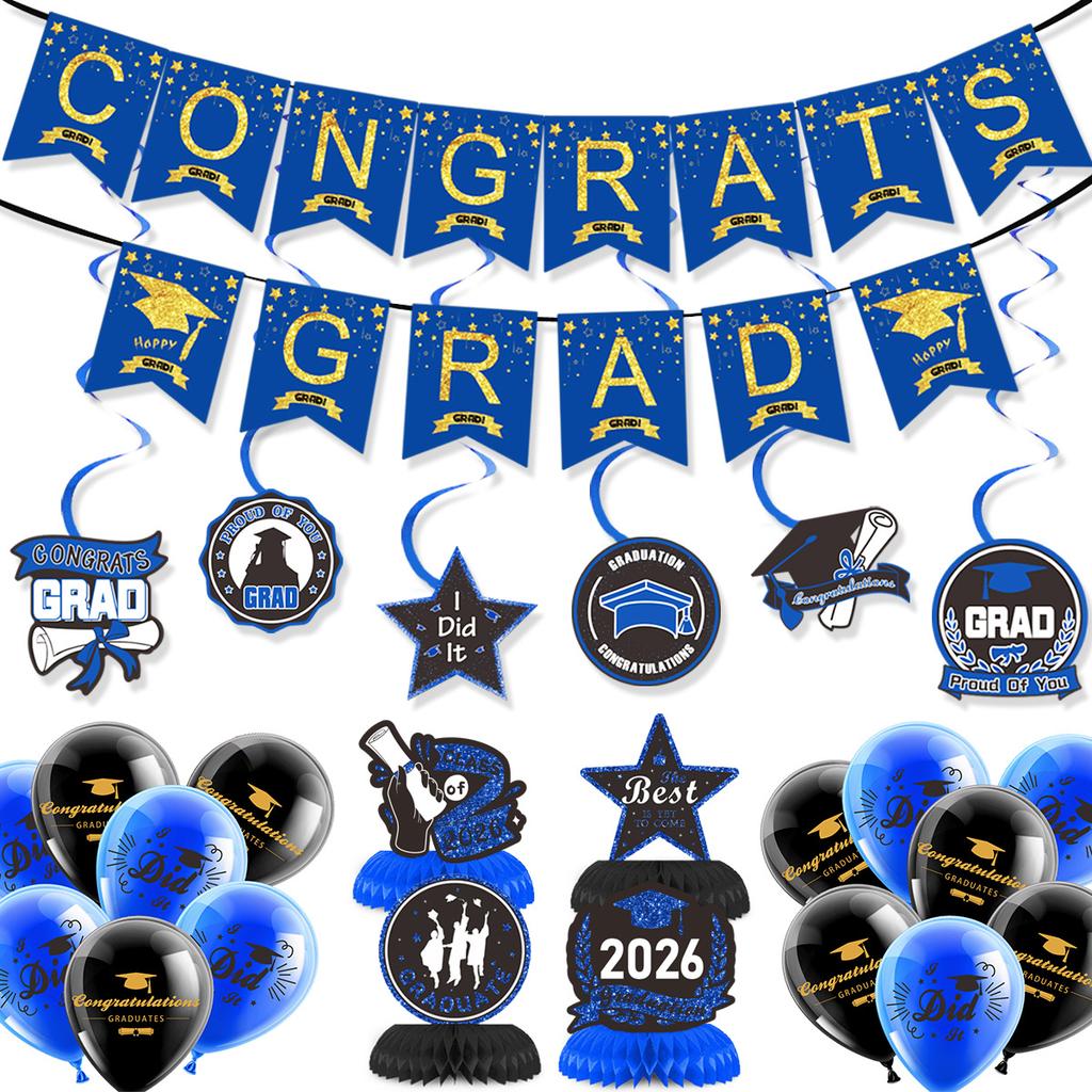 Graduation Season Theme Decoration Congrats Grad Blue Spiral Pendant Flag Balloon Set