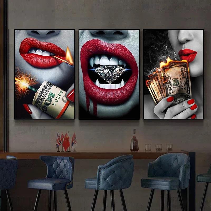 Sexy Woman Red Lips Burning Dollars Money Posters Canvas Painting Luxury Watch Fashion Wall Art Living Room Home Decor