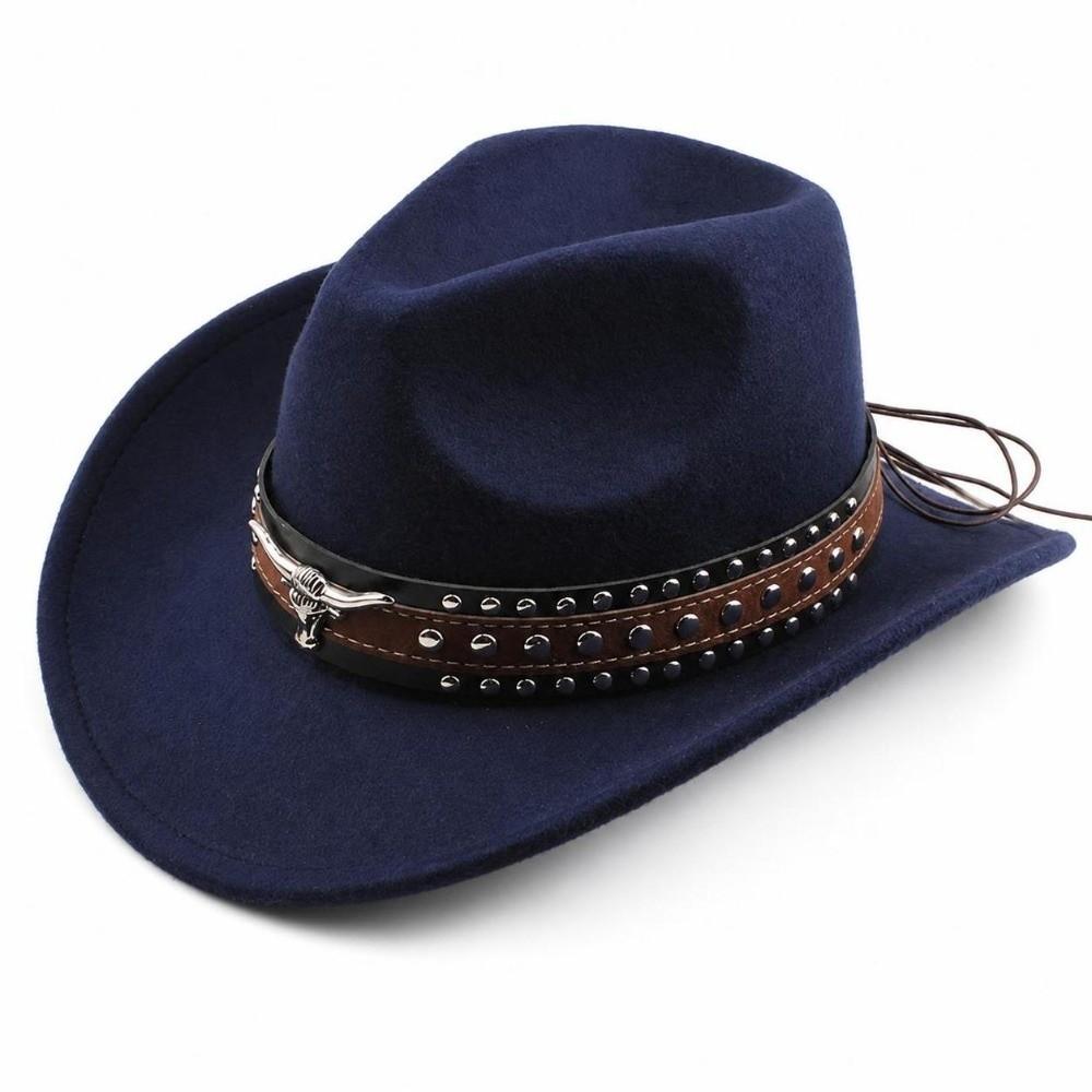 Wide Brim Western Cowboy Hat Ox Head Decorative Studded Leather Cap Tibetan Style Top Hat  Party