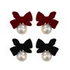Fashion Flocking Bowtie Pearl Pendant Earrings French Stud Jewelry Earring Ear Bowknot Retro Velvet Bow Red New Year Girl 1PCS