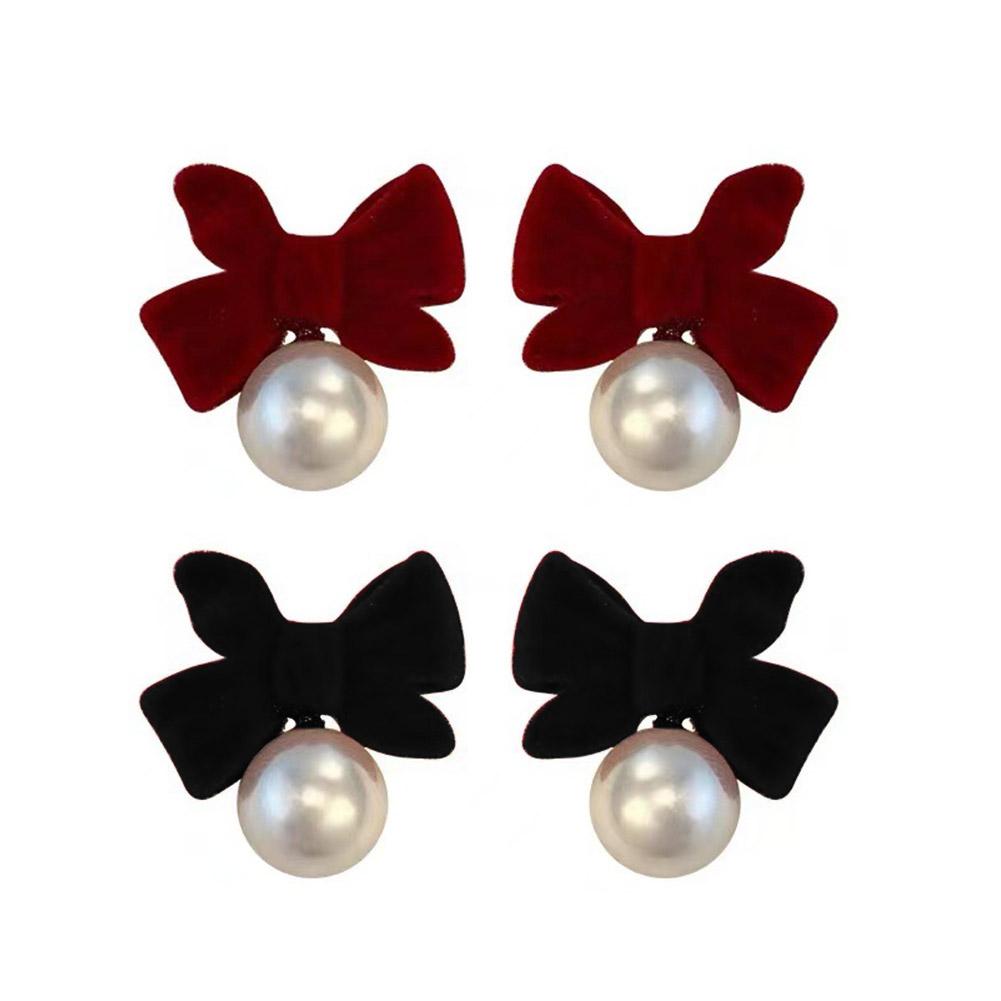 Fashion Flocking Bowtie Pearl Pendant Earrings French Stud Jewelry Earring Ear Bowknot Retro Velvet Bow Red New Year Girl 1PCS