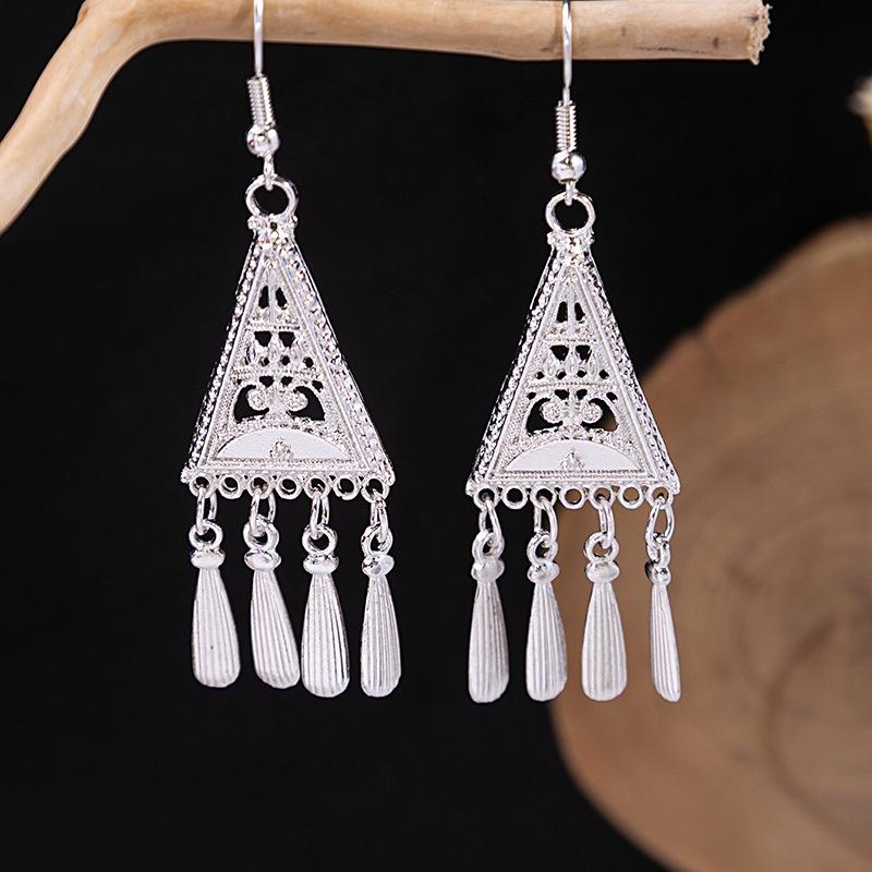 Miao Silver Tassel Dangle Earrings: Ethnic-Style Studs for Women