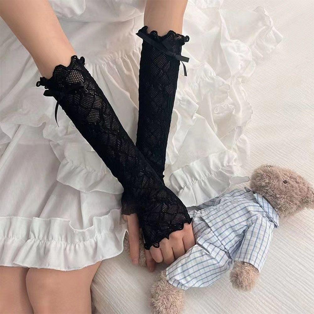 Black White Y2k Fingerless Mittens Lace Ruffle Arm Warmers Punk Lolita Lace Gloves  Women Girls