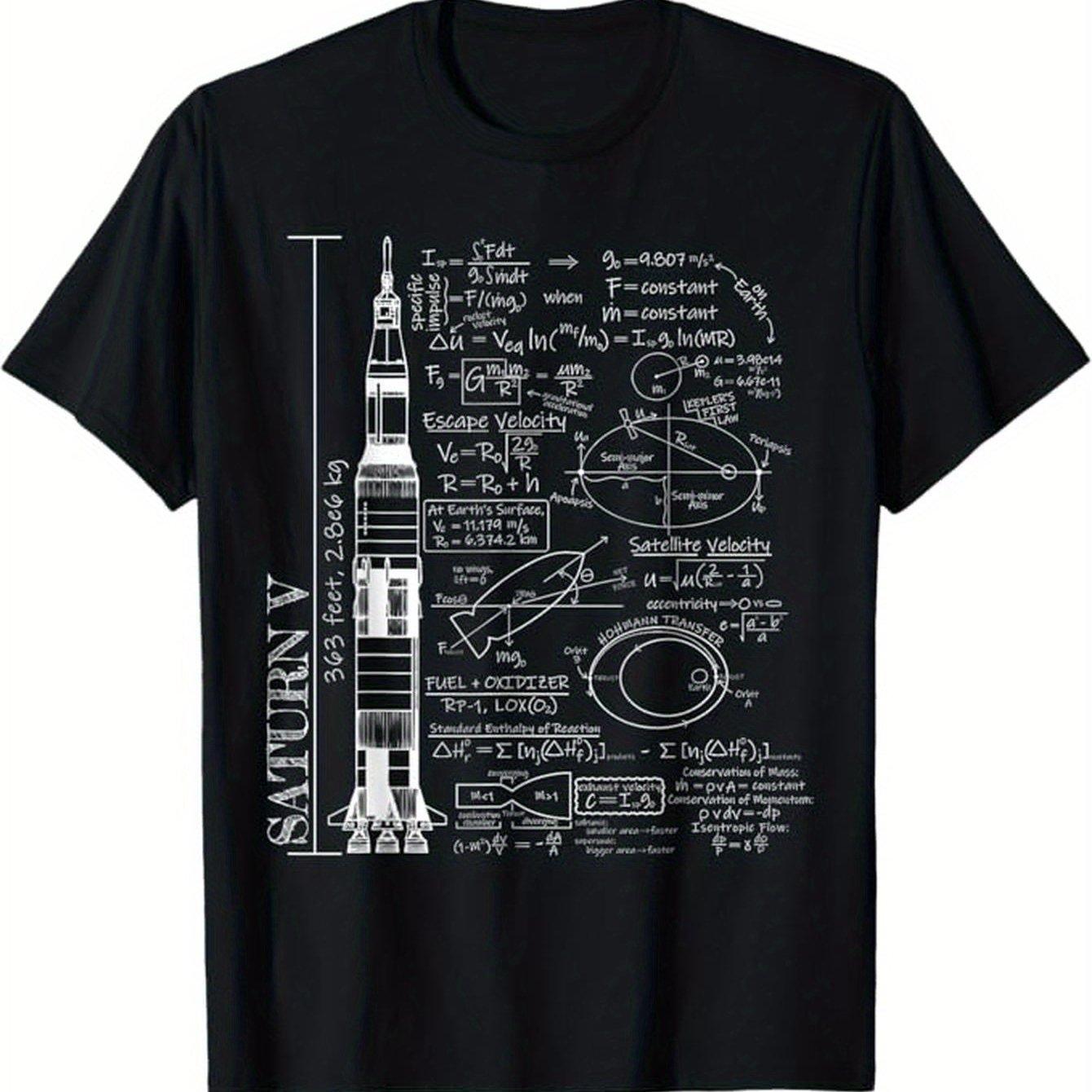Saturn V Rocket Science Equations Graphic Tee Men Astronomy Engineering Enthusiast Short Sleeve TShirt S