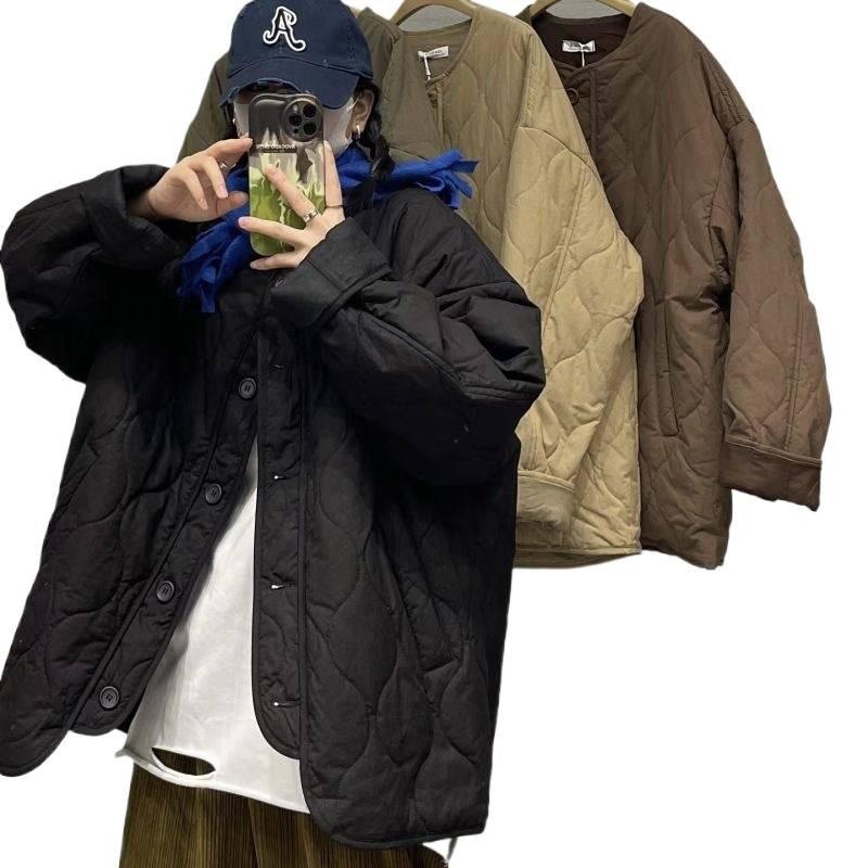 Vintage loose casual cotton-padded jacket winter light round neck rhombus top women's trend