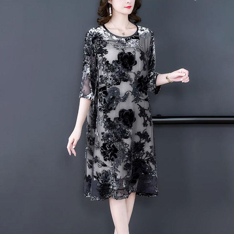 Spring and Summer Women's Plus Size Dress Loose Retro Round Neck Velvet Dress A-Line Long Floral Dress