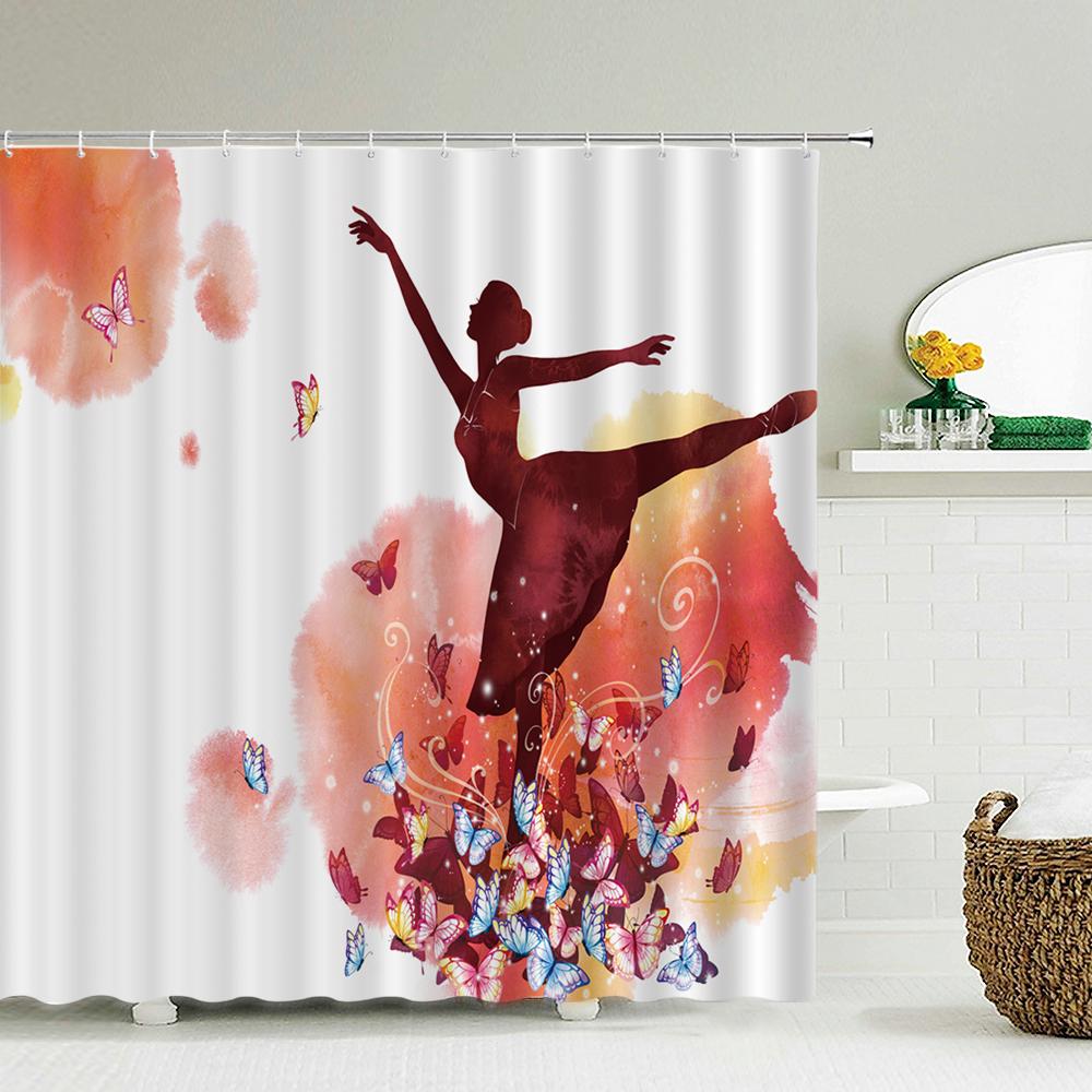 Butterfly Flower Girl Bathroom Curtain Polyester Waterproof Fabric Shower Curtain Valentine's Day Heart Pattern Bathtub Screen