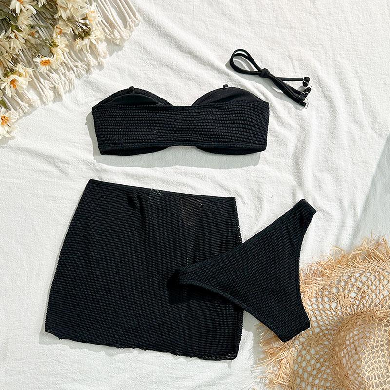 Solid Colors With Skirt Bandeau Bikini Female Swimsuit Women Swimwear Three-pieces Bikini Set Padded Bather Bathing Suit Swim
