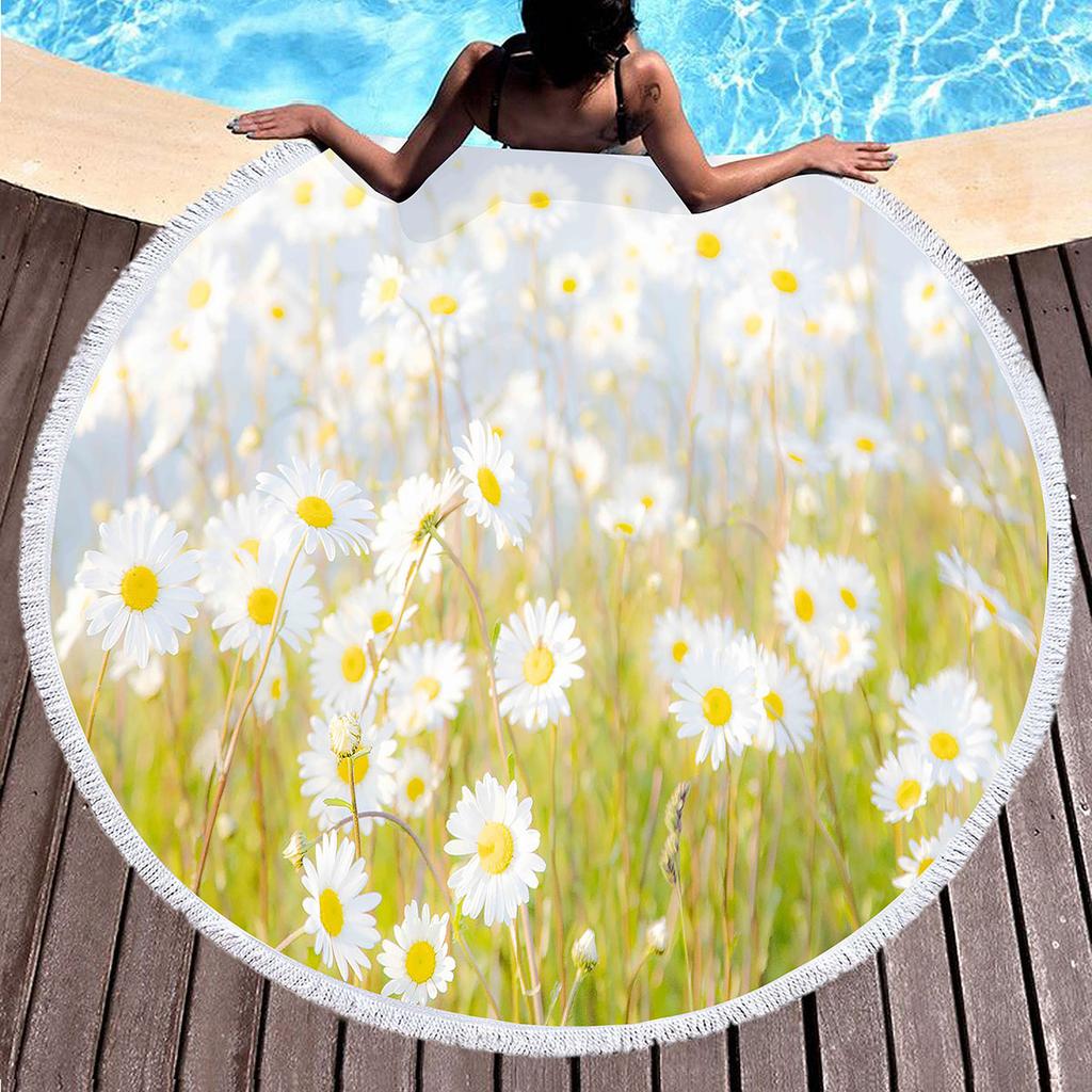 Botanical Daisy Floral Round Beach Towel,Microfiber Garden Flower Circle Beach Blanket,Roundie Yoga Meditation Mat Picnic Rug