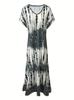 Plus Size Women's Summer V-Neck Slit Dress with Digital Print - European & American Street Style