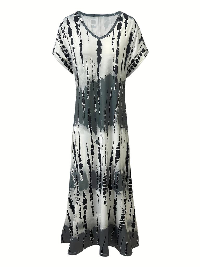 Plus Size Women's Summer V-Neck Slit Dress with Digital Print - European & American Street Style