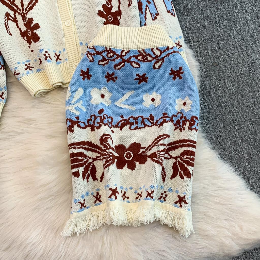 Autumn Winter Women Vintage Tulip Jacquard Knitted Sweater Two Piece Set Single Breasted Cardigans and Mini Pleated Skirt Outfits