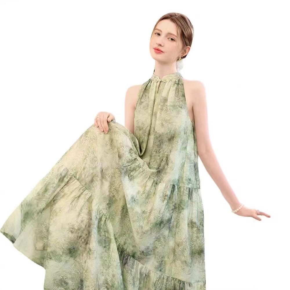 New Chinese style national style buckle green neck dress women s summer super fairy Mori sleeveless loose coffee break long skirt S зелёный